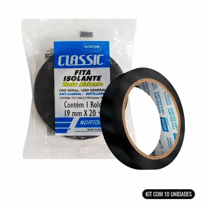 Fita Isolante 600V Antichama 19 MM x 20 Metros Preta Kit Com 10 Unidades NORTON — fotografia de referência