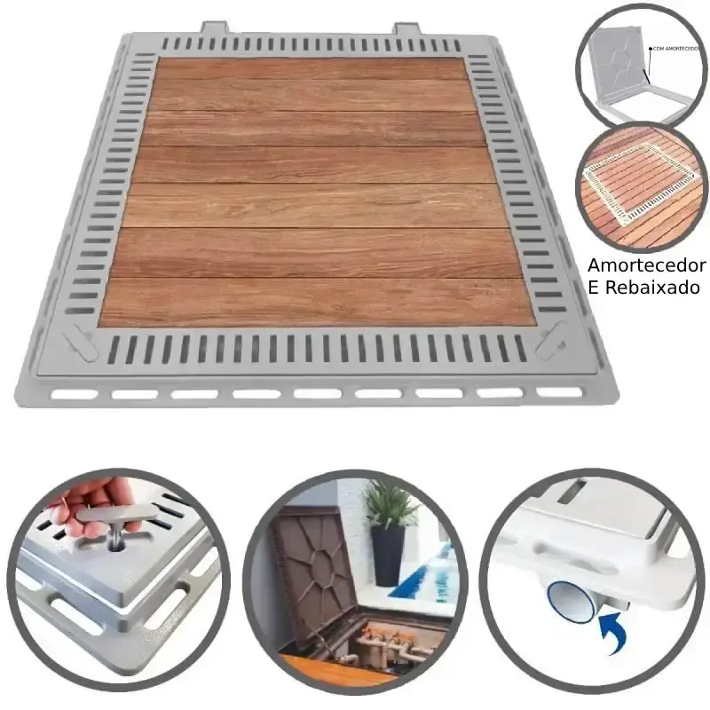 Tampão 80 x 80 CM Rebaixado e Articulado com Grelha para Casa de Máquinas de Piscinas 3184 Cinza Amortecedor GDA