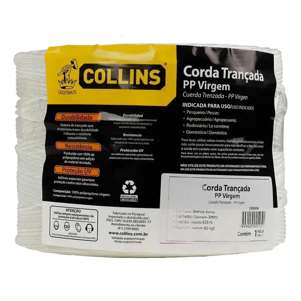 Corda trançada em polipropileno 3MM branca 625M carretel Collins — fotografia 3