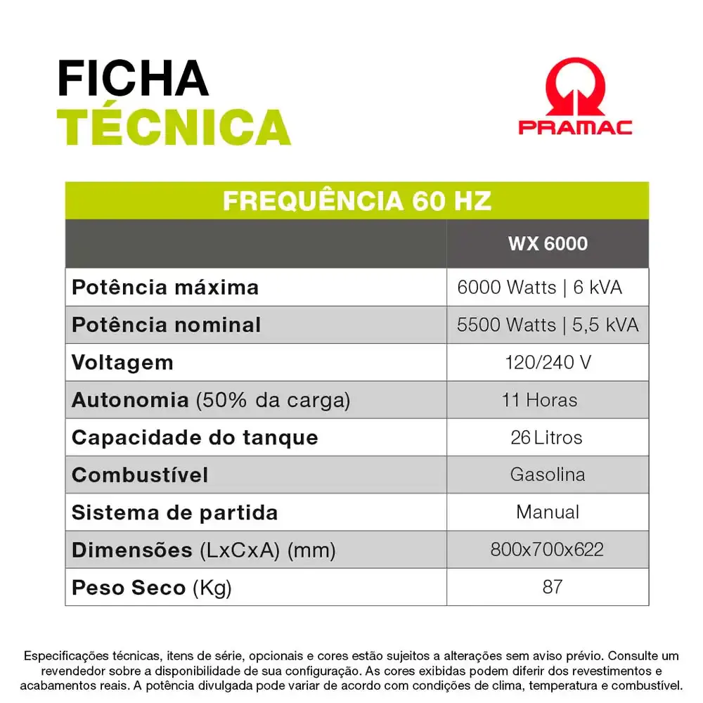 Gerador à gasolina 6 KVA 4T digital com AVR mono bivolt WX6000 Pramac — fotografia 7