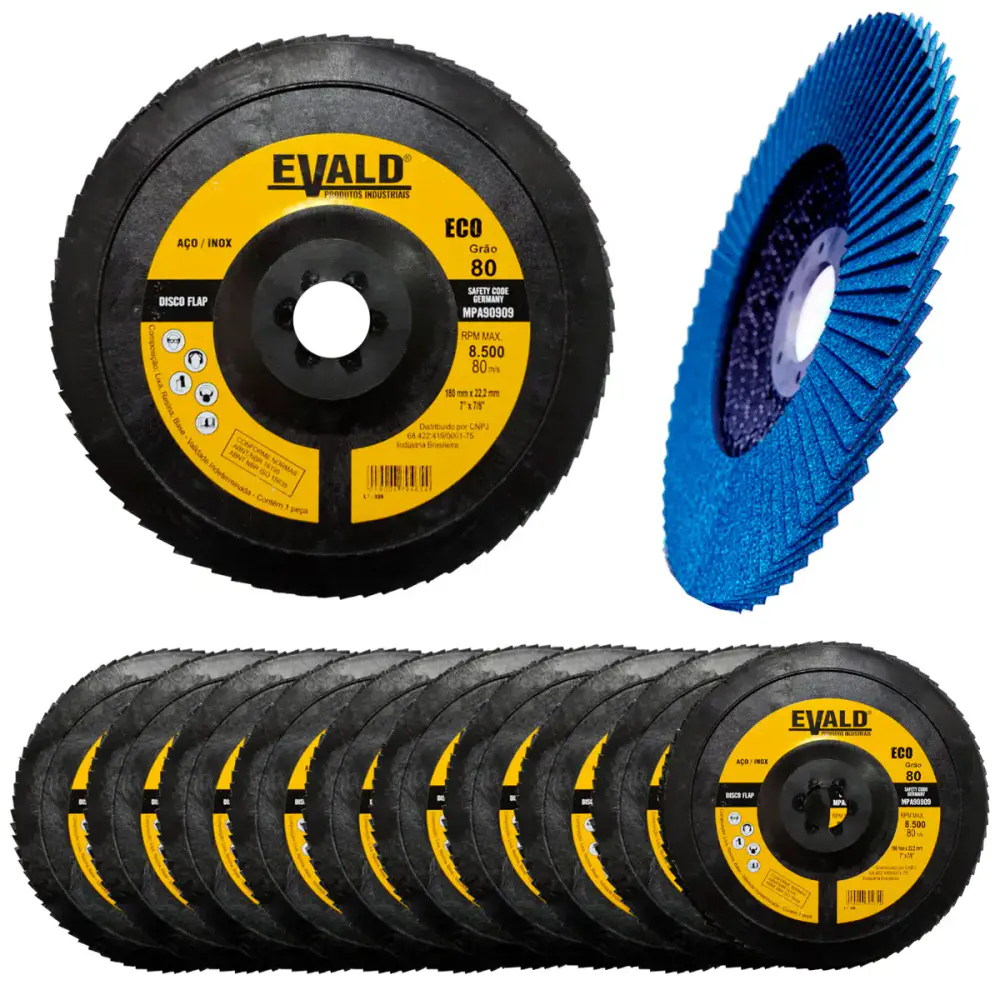 Disco de Lixa Flap Zirconio 7 POL 180 mm Aço Inox Grão 80 Kit 10 Unidades EVALD — fotografia de referência