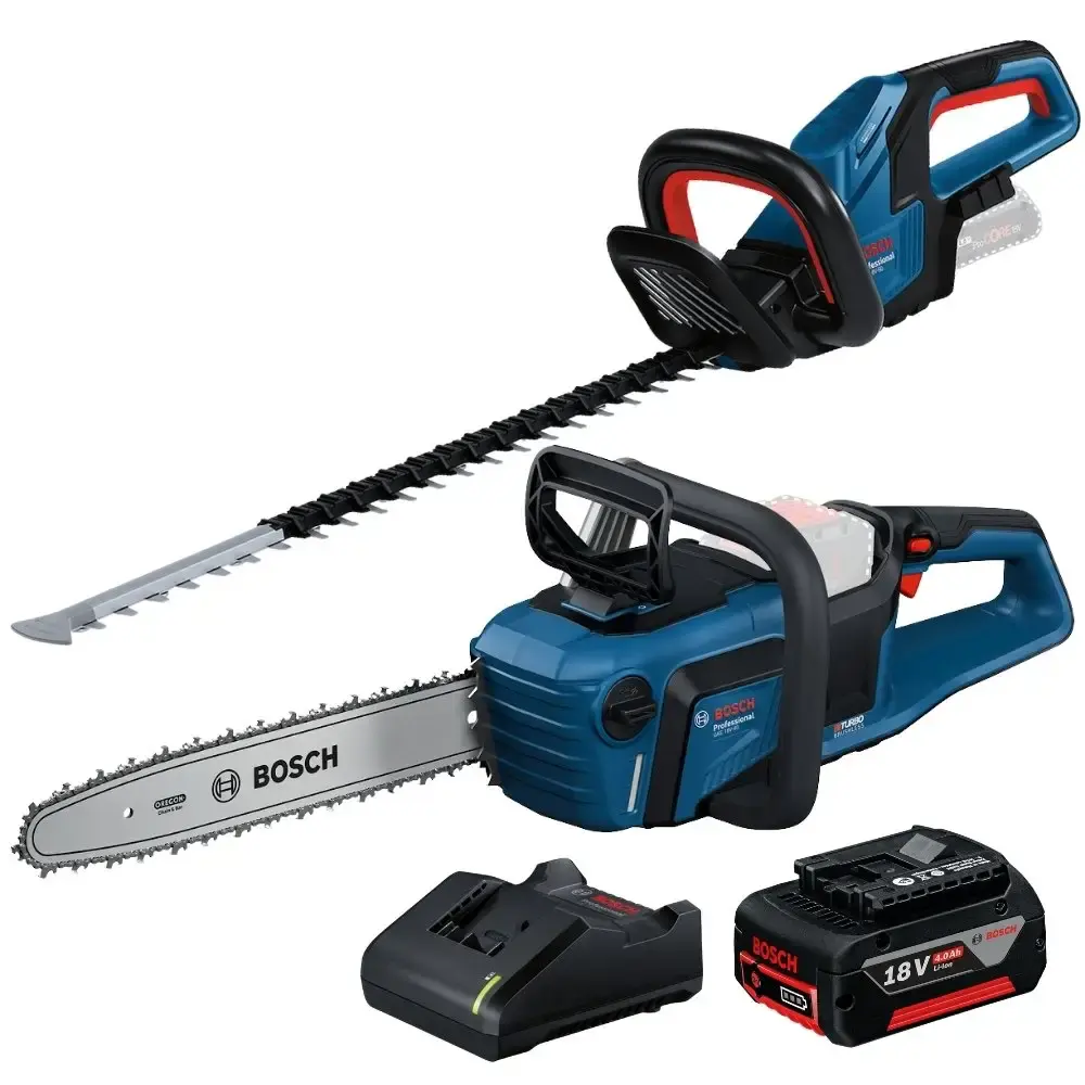 Motosserra GKE 18V-40 com aparador de cerca viva GHE-60 e bateria 18V 4,0AH carregador bivolt Bosch — fotografia de referência