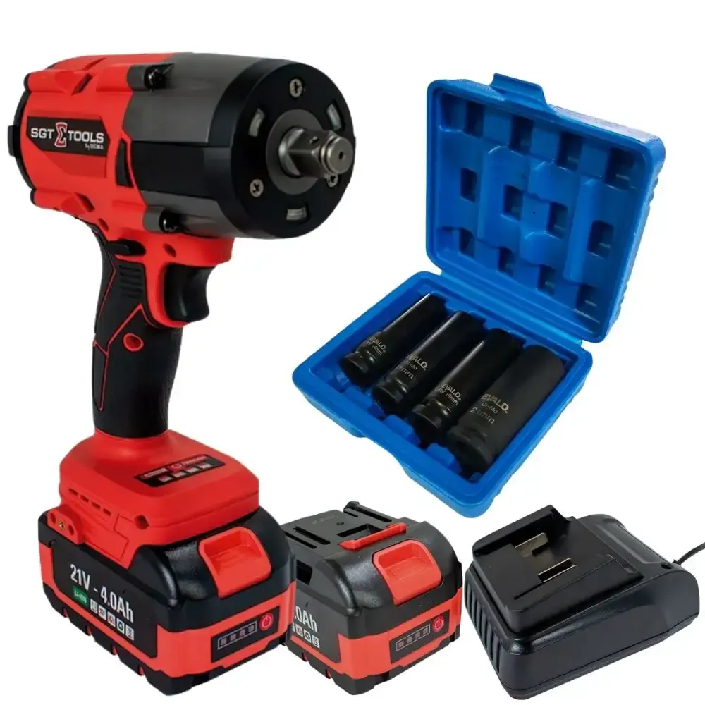 Chave de impacto 1/2 POL 21V 2 baterias carregador e maleta Sigma com kit soquetes 4 peças evald — fotografia de referência