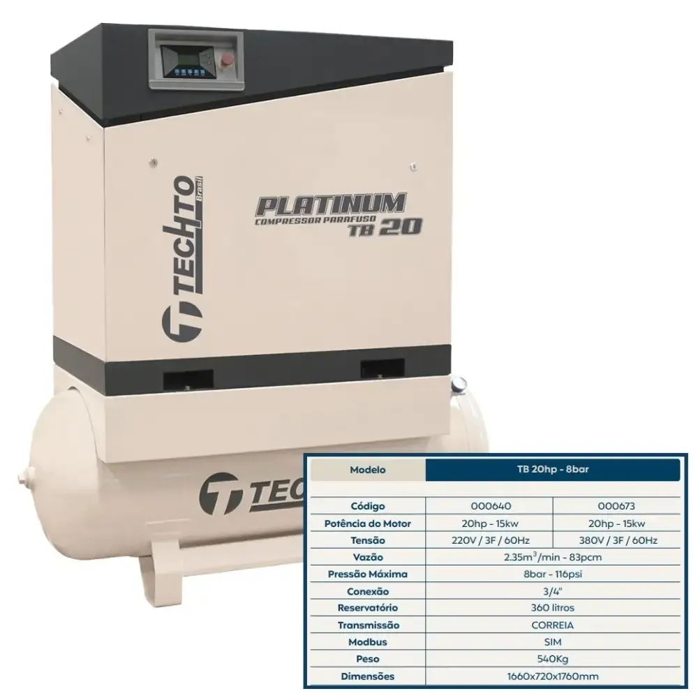 Compressor de parafuso platinum com reservatório 360L 8BAR 220V TB20 techto — fotografia 6