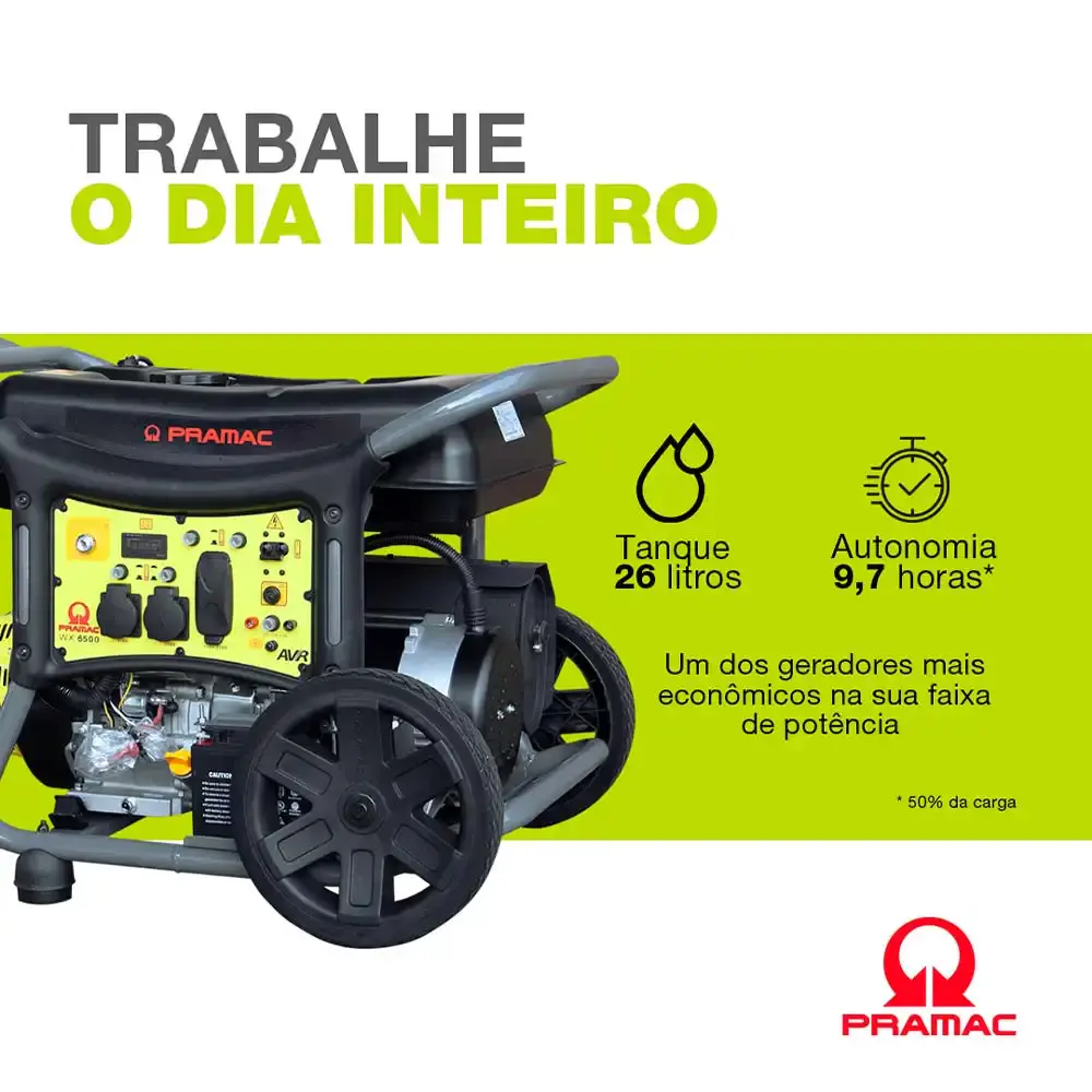 Gerador à gasolina 6.3 KVA com bateria 4T digital com AVR WX6500 mono bivolt PR652MXB003I Pramac — fotografia 5