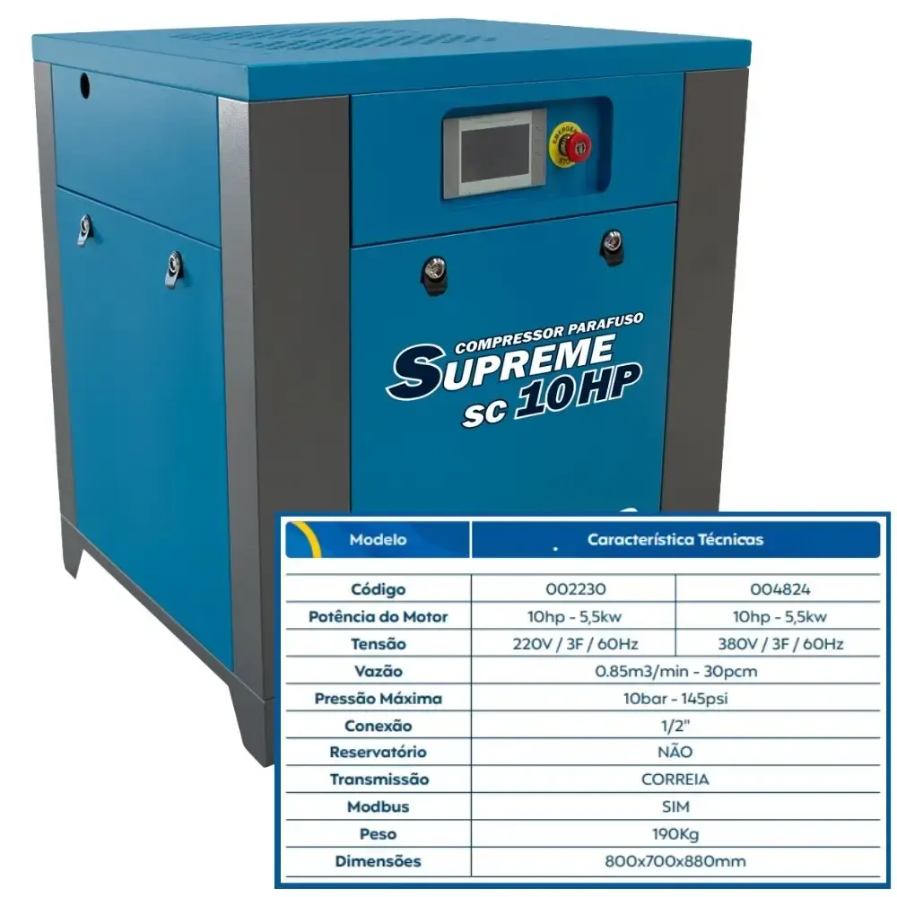 Compressor de parafuso supreme 10HP 10BAR 220V SC10 techto — fotografia 5