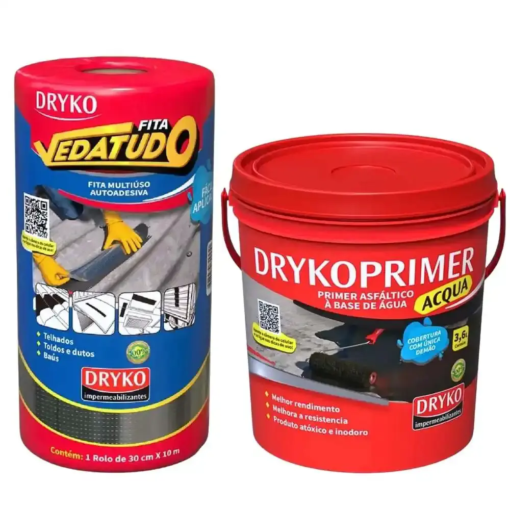 Primer Asfáltico 3,6 L Drycoprimer Acqua Fita e Autoadesiva Asfáltica Vedatudo 30 cm x 10 M DRYKO