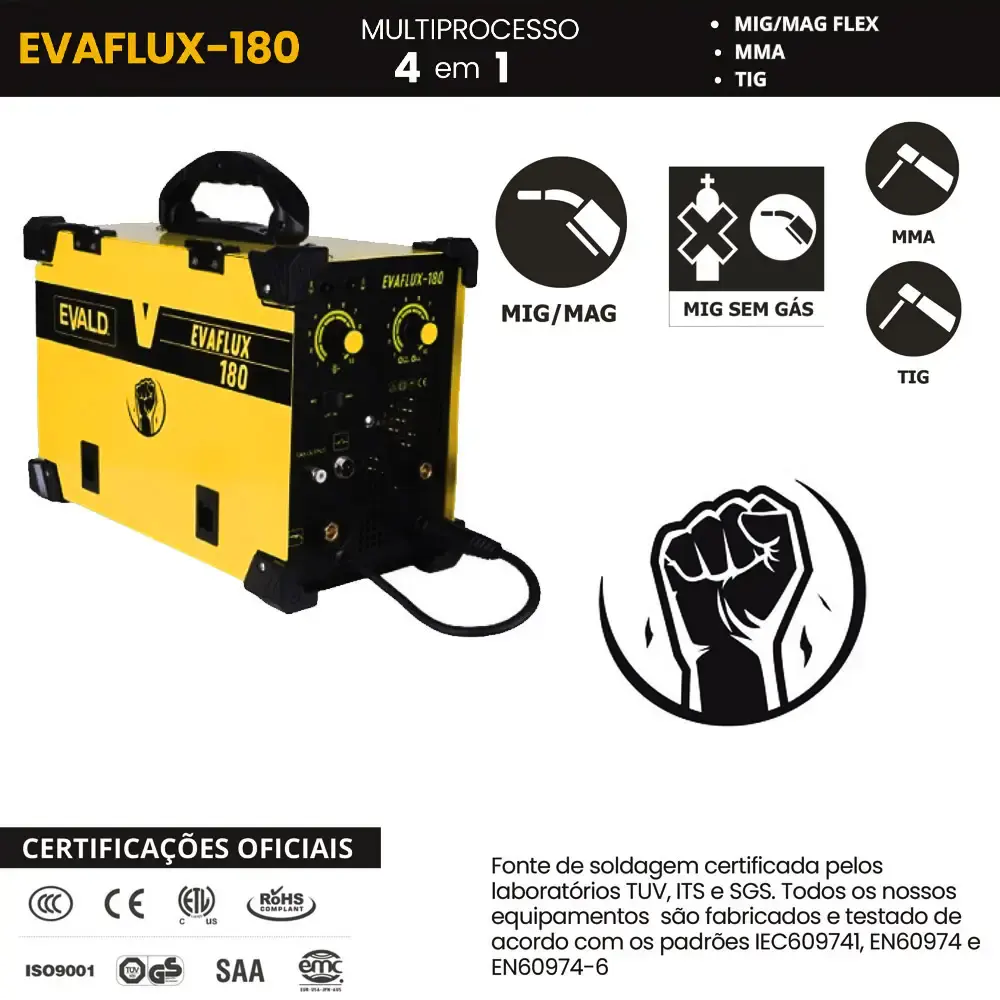 Solda multiprocesso MIG flex TIG e eletrodo com máscara EVAFLUX-180 bivolt Evald — fotografia 4