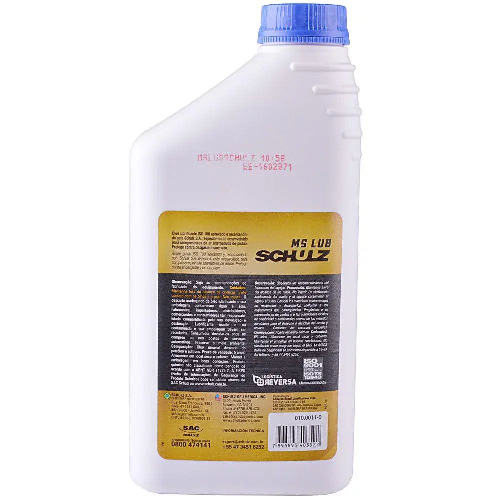Óleo lubrificante para compressor de ar mslub 1L Schulz — fotografia 5