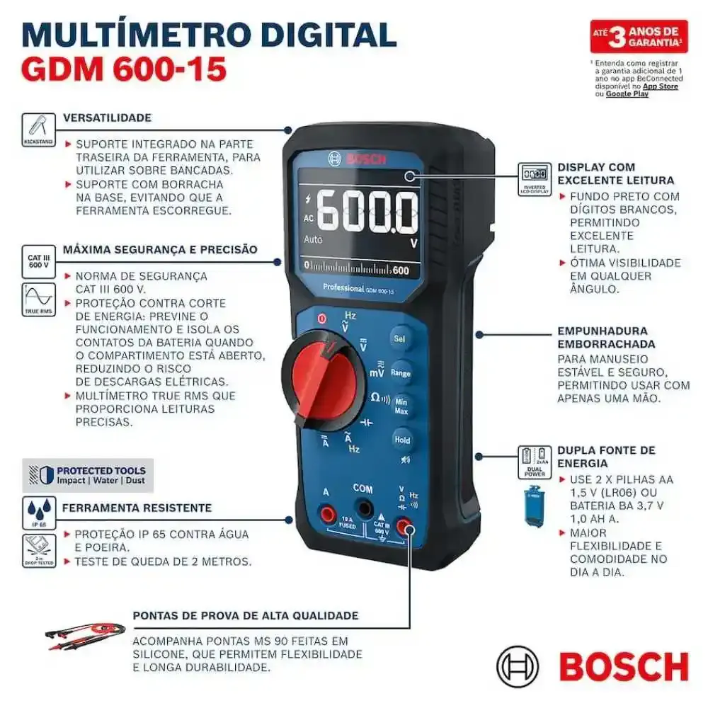 Multímetro digital CAT III 600V trms GDM 600-15 Bosch — fotografia 9