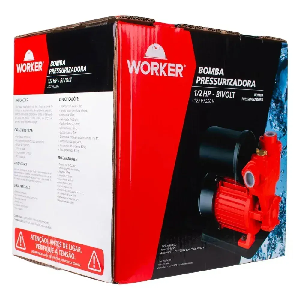 Bomba d'água pressurizadora 1/2HP 3450RPM bivolt Worker — fotografia 6