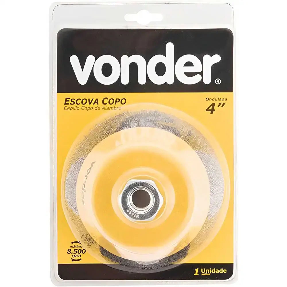 Escova de aço carbono tipo copo ondulada 4 POL rosca M-14 Vonder — fotografia 2