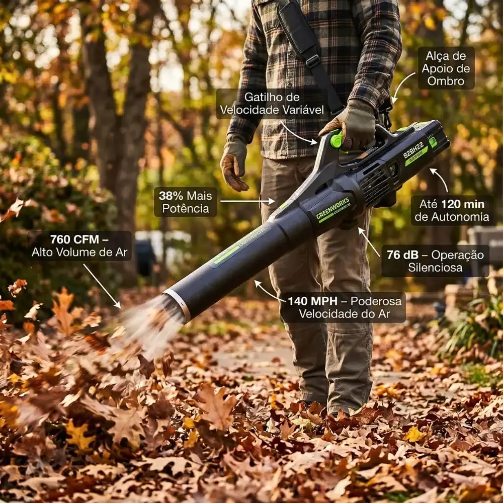 Cortador de grama 82V + soprador 760CFM + 3 baterias 4,0AH + carregador bivolt Greenworks — fotografia 3