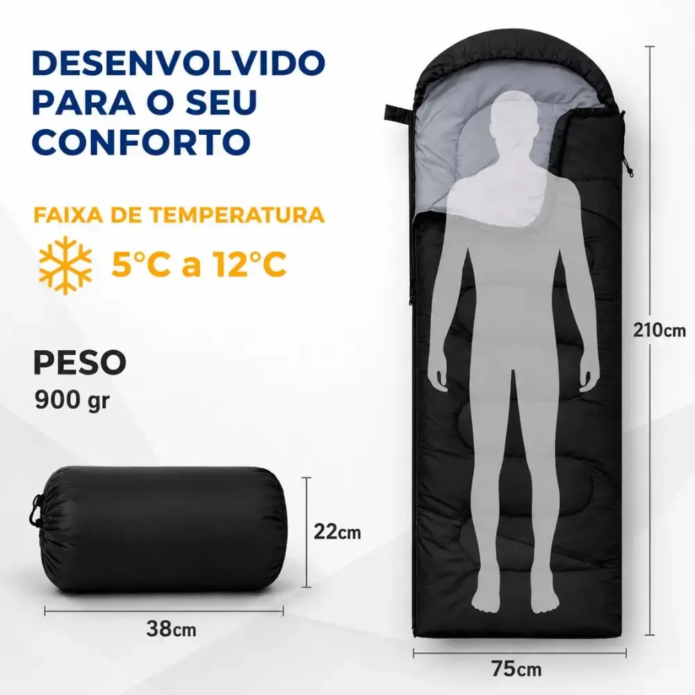 Saco de Dormir Camping Pesca Impermeável Confortável 2,10 x 72 CM c/ Capuz e Bolsa ZELT Preto — fotografia 9