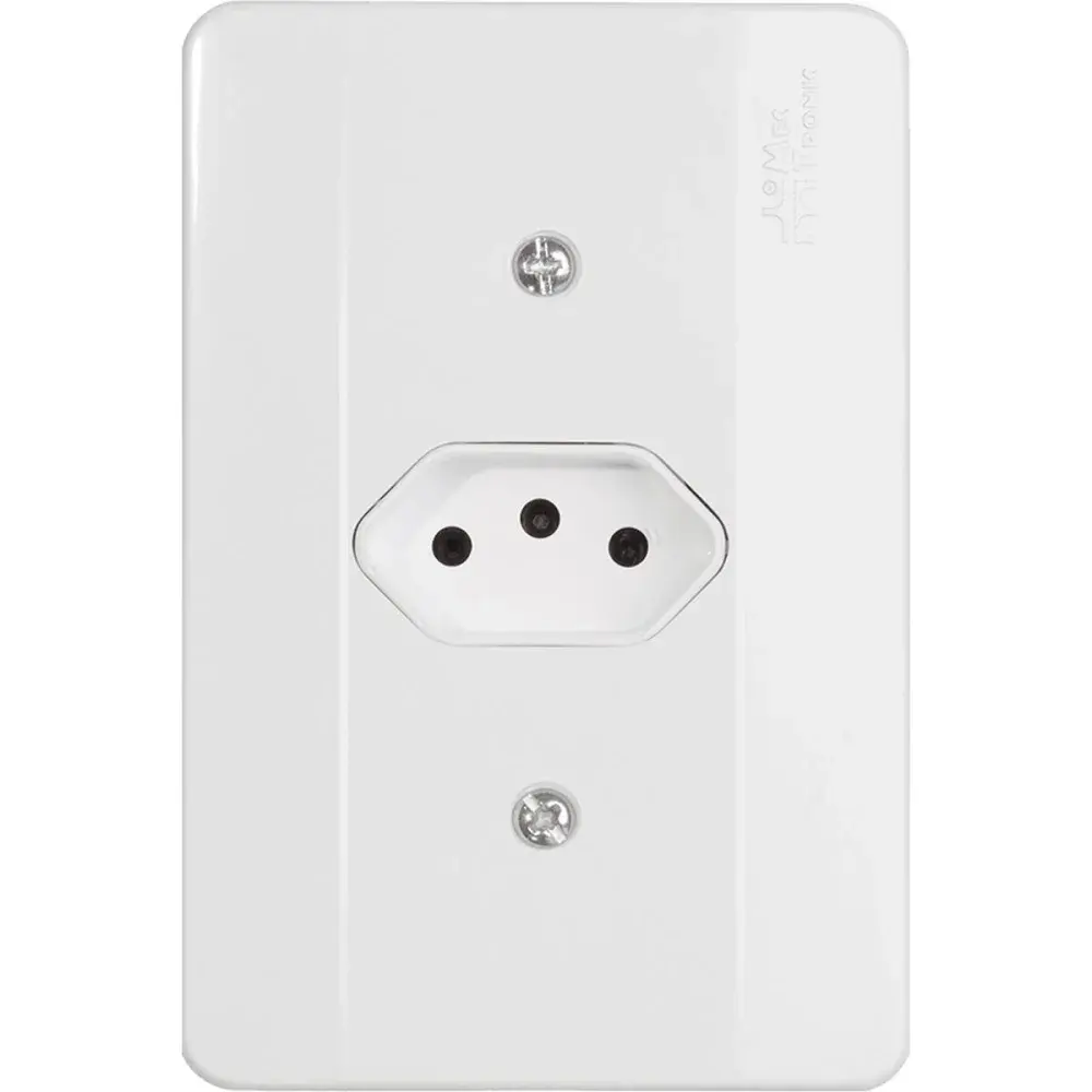 Tomada milleniun horizontal branca com placa 2P+T 10A Mectronic — fotografia de referência