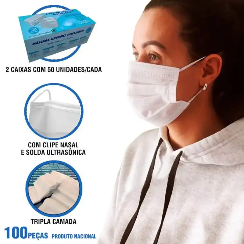 Máscara Descartável TNT Tripla Camada c/ Clipe Nasal 100% Polipropileno Kit 100 Unidades CADRI — fotografia de referência
