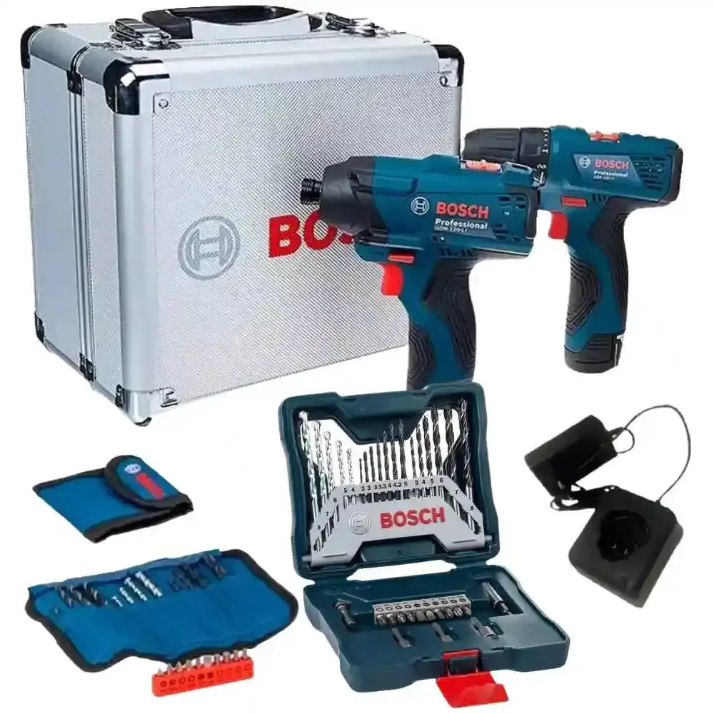 Furadeira parafusadeira 30NM e chave de impacto 100NM com maleta carregador 2 baterias 2,0 ah e kit de pontas 33 peças Bosch Bivolt — fotografia de referência