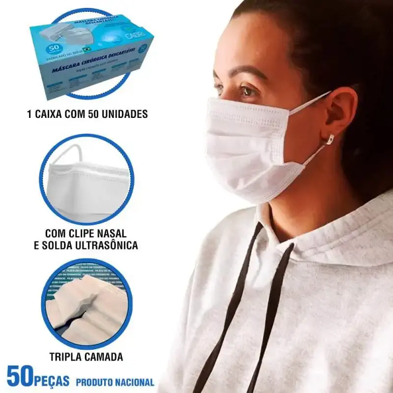 Máscara Descartável TNT Tripla Camada c/ Clipe Nasal 100% Polipropileno Kit 50 Unidades CADRI — fotografia de referência