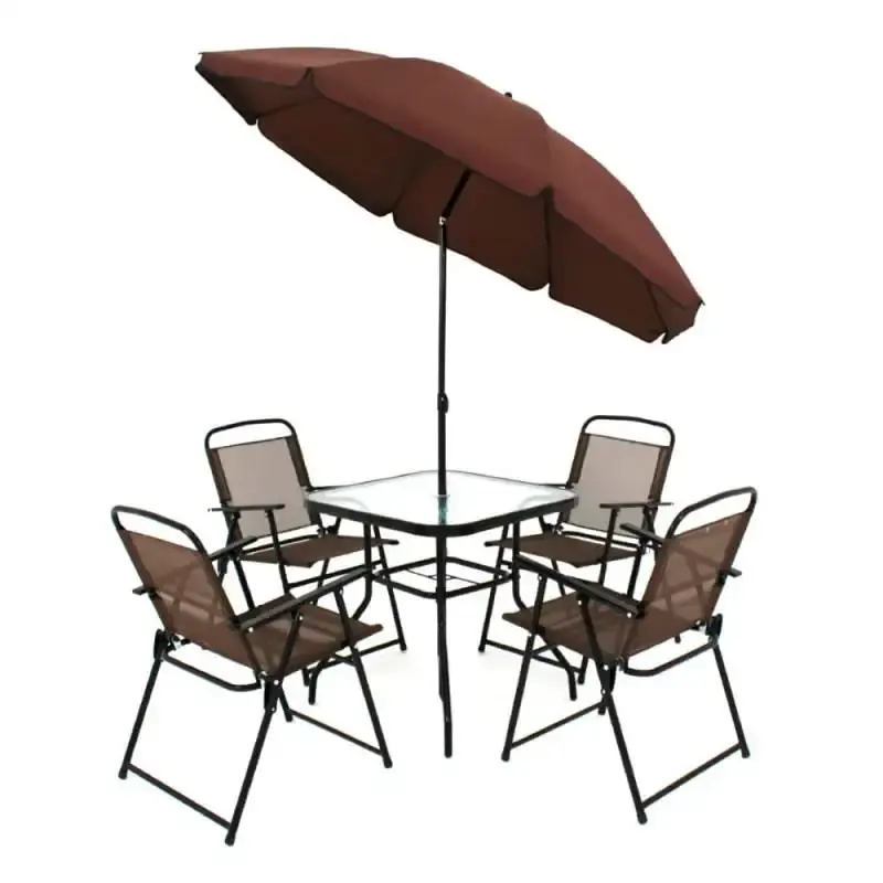 Conjunto miami para jardim com 4 cadeiras mesa e guarda-sol marrom 85200 BEL — fotografia de referência