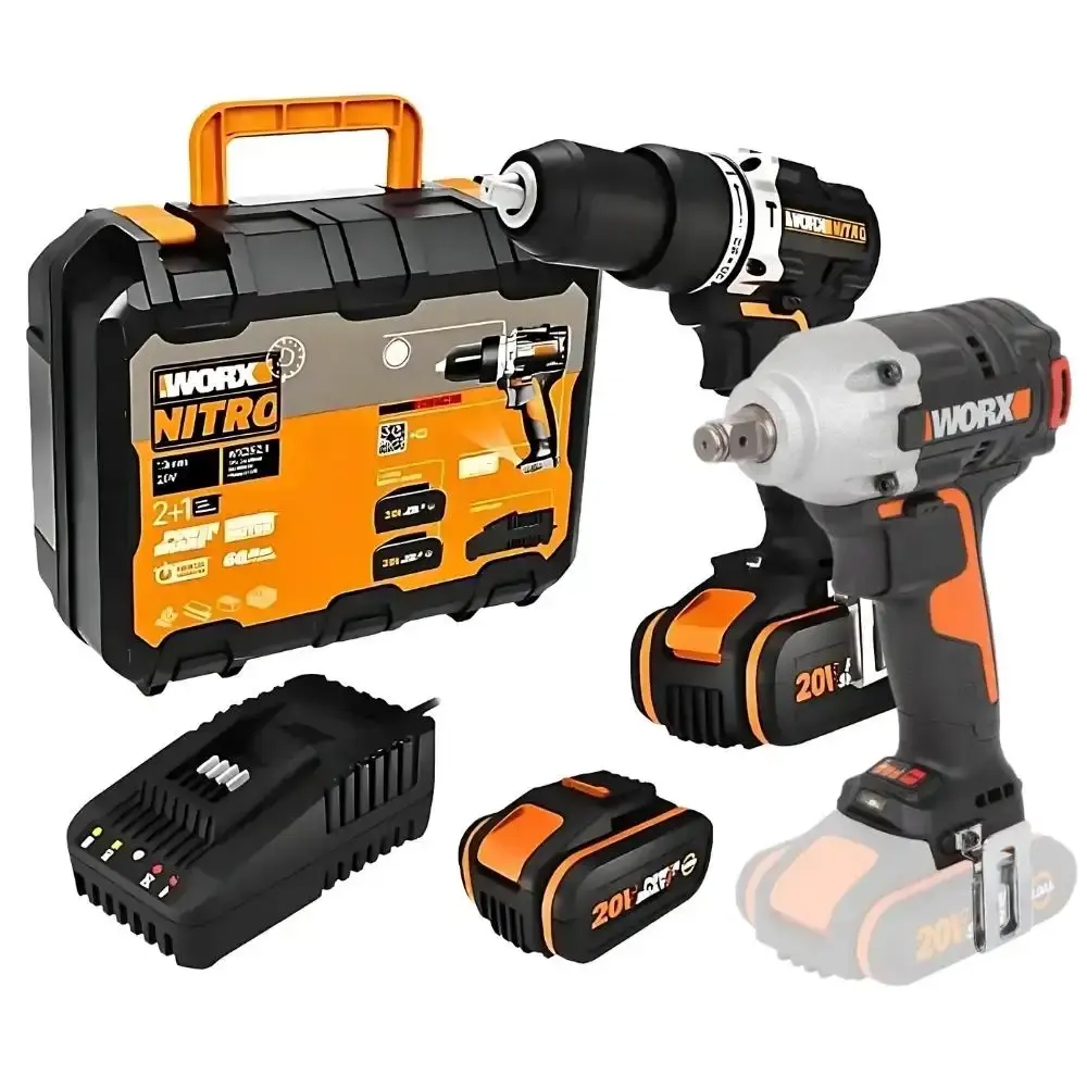Parafusadeira e furadeira de impacto 1/2POL 2 baterias e carregador com chave de impacto 20V 1/2POL 300NM worx Positec
