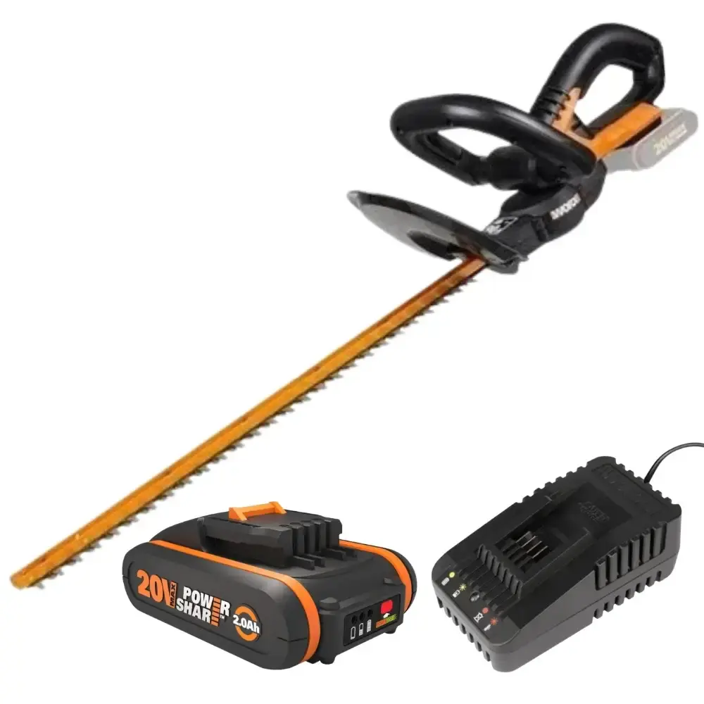 Aparador de cerca viva com carregador de bateria bivolt e bateria 20V 2,0AH Worx — fotografia de referência