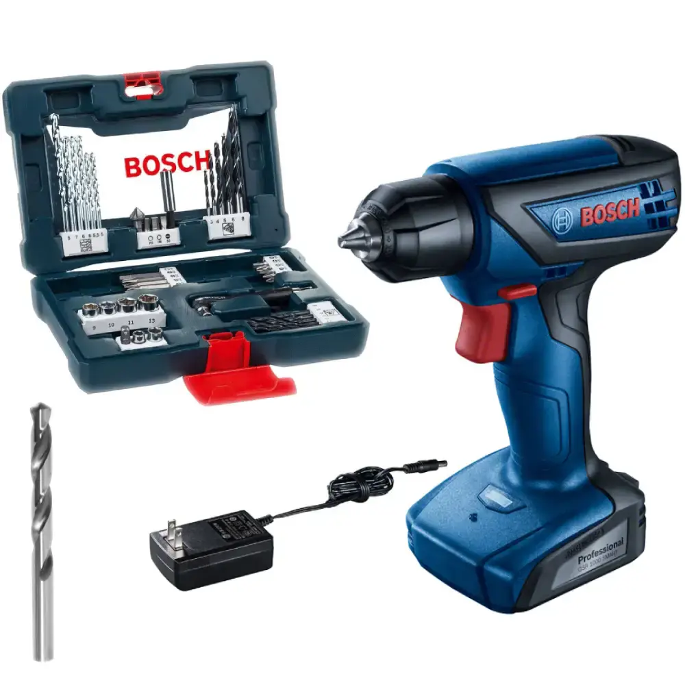 Parafusadeira e furadeira GSR1000 com estojo de brocas Bosch — fotografia de referência