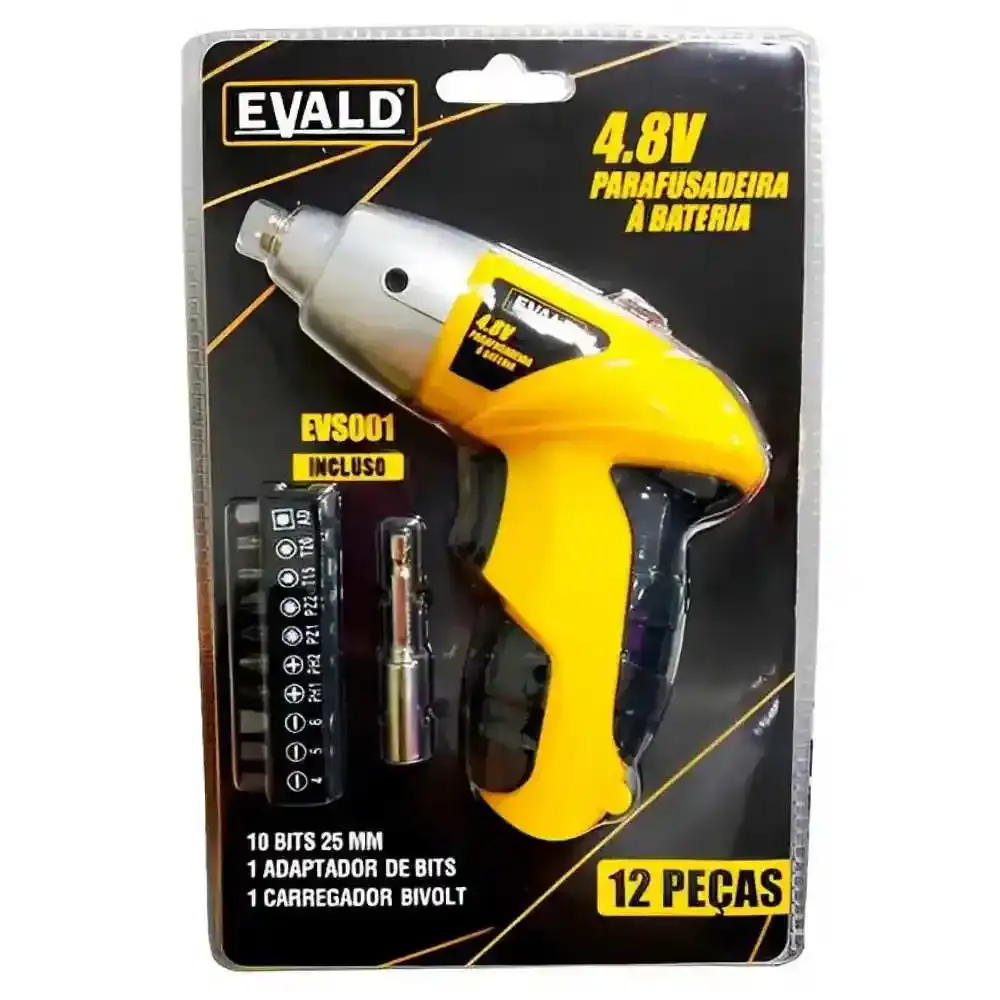 Parafusadeira à bateria 4.8V torque 3NM reversível kit 12 peças EVS001 Evald Bivolt — fotografia de referência