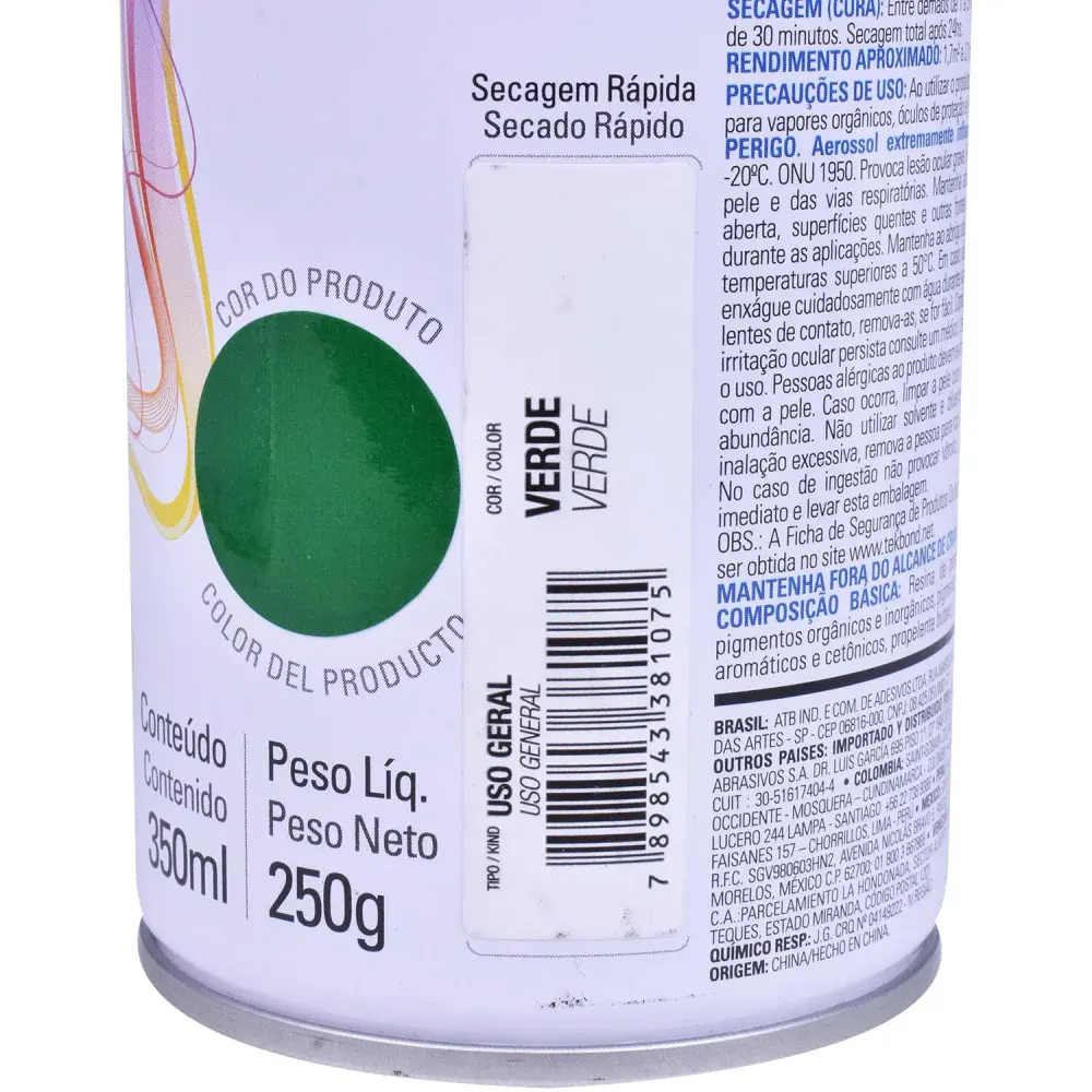 Tinta spray uso geral verde 350ML Tekbond — fotografia 4