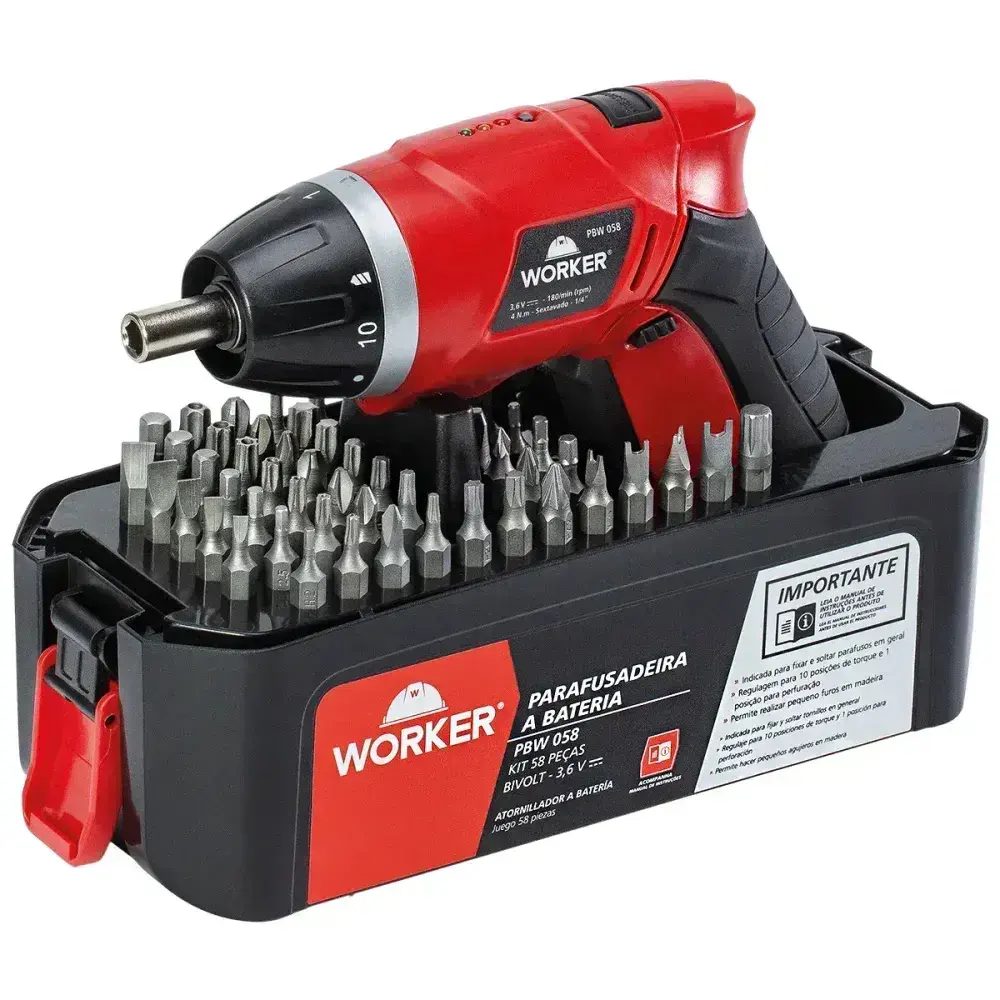 Parafusadeira furadeira a bateria 3,6V com 58 peç da Worker — fotografia 10