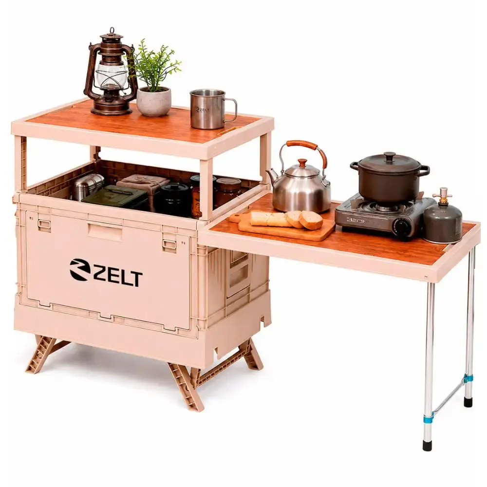 Caixa de armazenamento camping cozinha multifuncional dobrável com mesa lateral Zelt — fotografia de referência