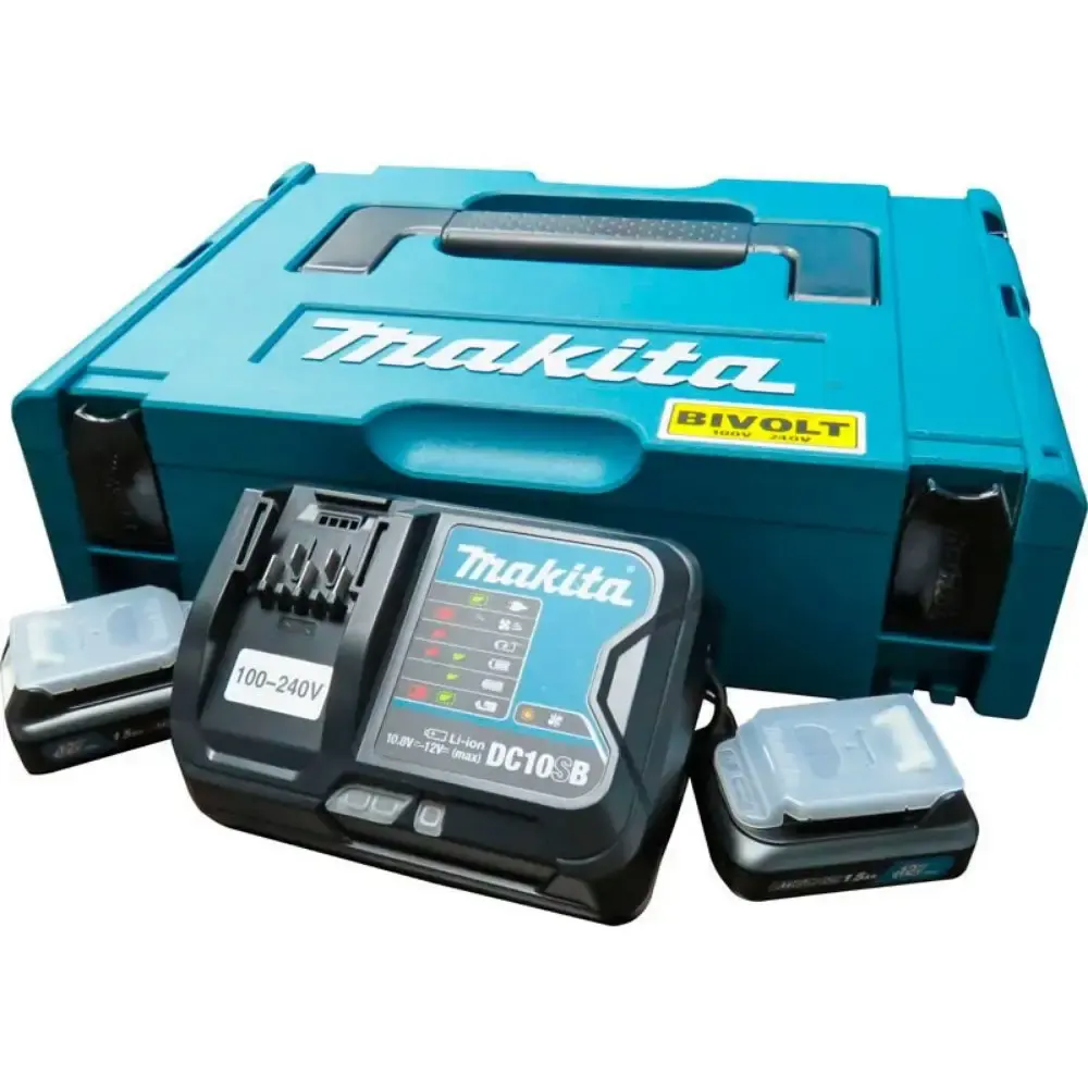 Carregador bivolt 1.5AH a 4.0AH DC10SB com 2 baterias 1,5AH 12V e maleta Makita — fotografia de referência