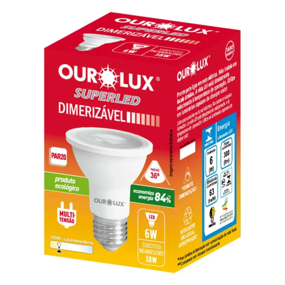 Lamp led PAR20 dimer 6W 2700K biv 36 E27 Ourolux — fotografia de referência