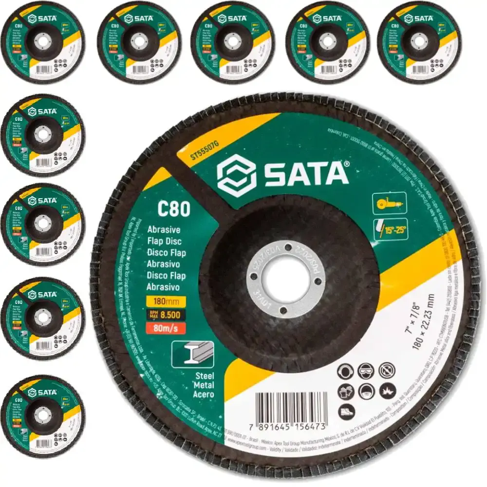 Kit 10 discos de lixa flap abrasivo metal 7 polegadas grão 80 Sata — fotografia de referência