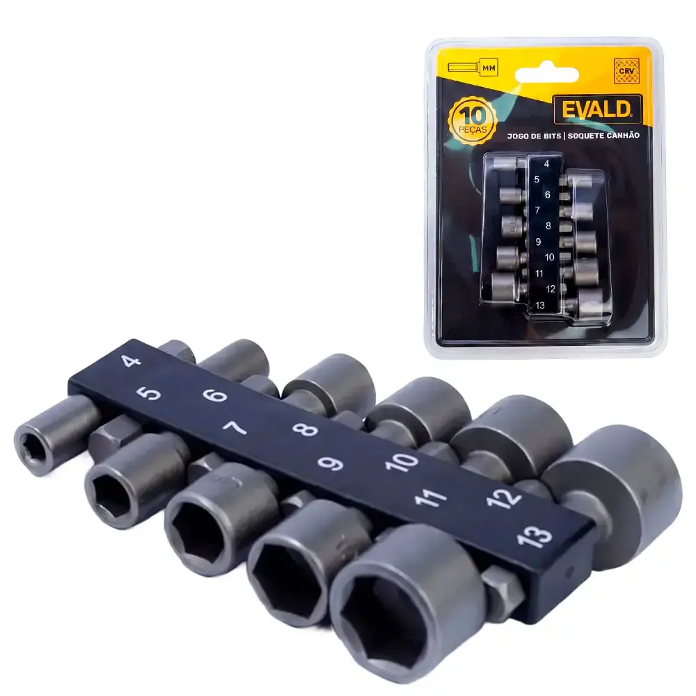 Jogo de soquetes canhão kit com 10 bits de 4 a 13 MM Evald — fotografia de referência
