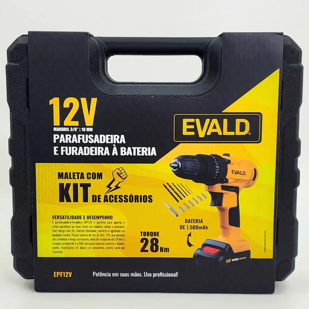 Parafusadeira furadeira bateria 12V com maleta e kit bivolt Evald — fotografia 8