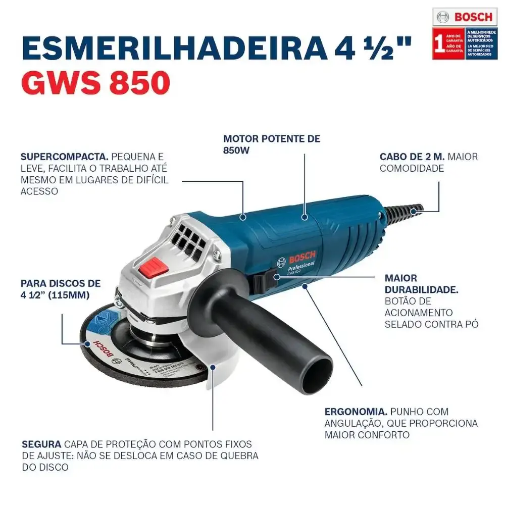 Esmerilhadeira angular 4.1/2 POL GWS850 e esmerilhadeira 7 POL GWS 2200-180 vulcano Bosch 220 V — fotografia 9
