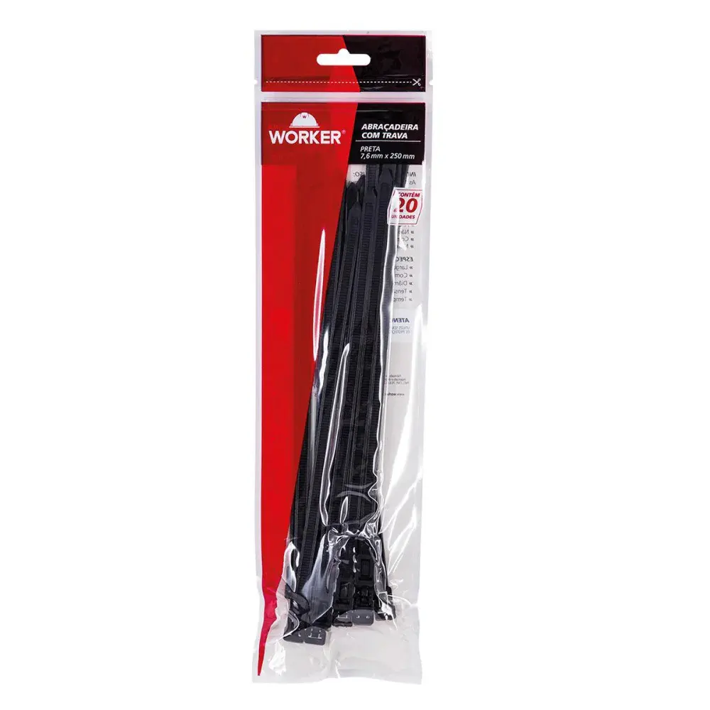 Abraçadeira com trava 250 x 7,6MM preta 20 peças Worker