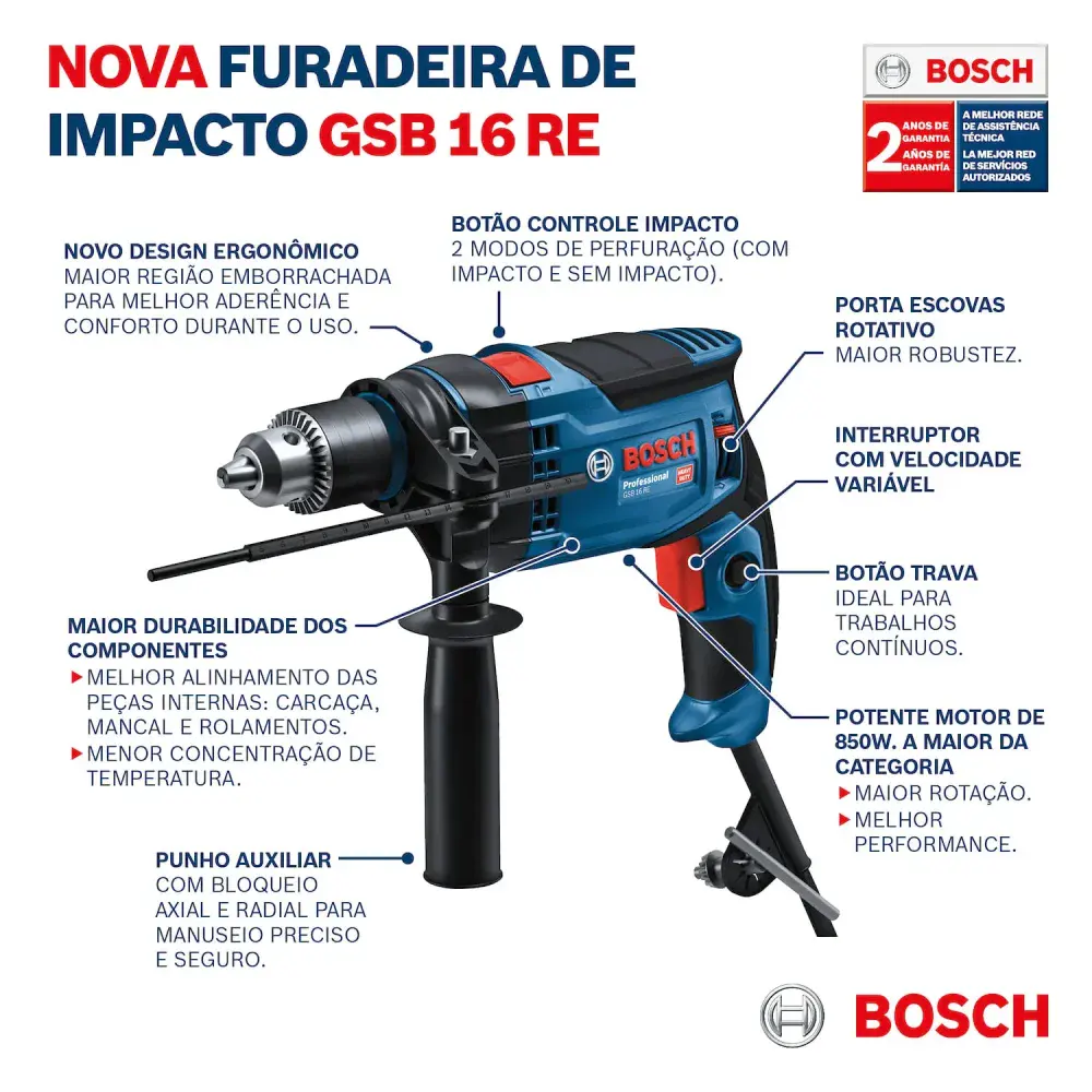 Furadeira de impacto gsb 16 re 1/2 850W Bosch — fotografia 8