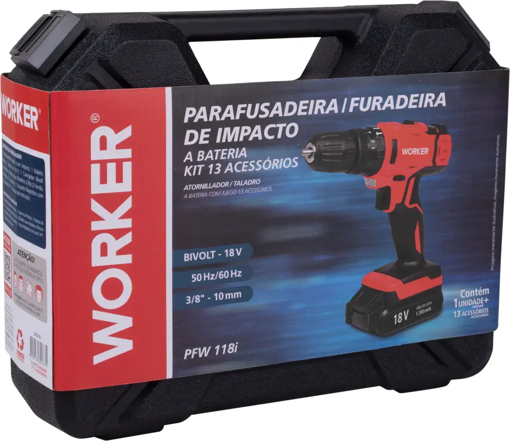 Parafusadeira 18V impacto 1 bat 13PCS Worker — fotografia 9