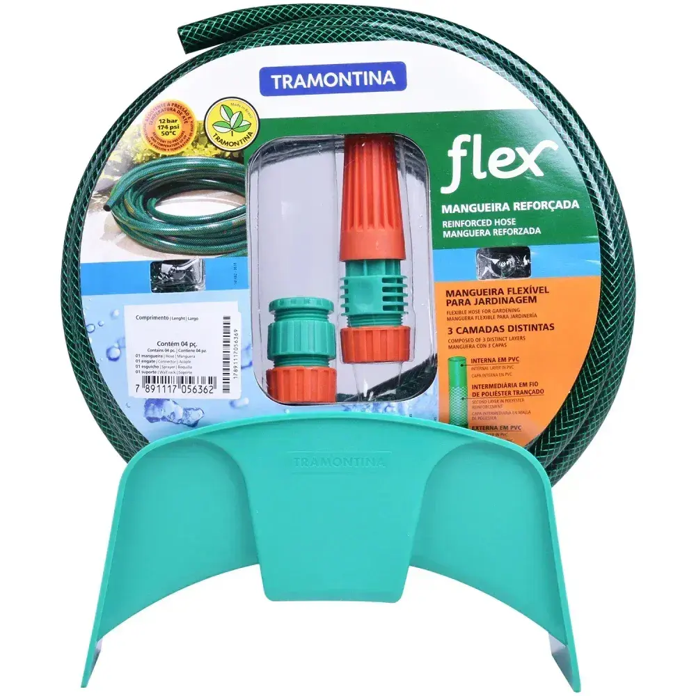Mangueira flex em pvc 3 camadas 20M verde com suporte mural Tramontina — fotografia 4