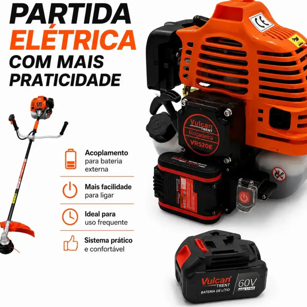 Roçadeira lateral a gasolina VR520E 2T 52CC 2,5HP elétrica e bateria Vulcan — fotografia 6