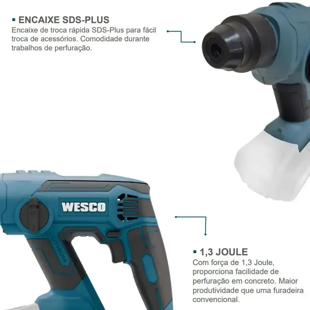 Martelete plus à bateria 18V com bateria e carregador Wesco — fotografia 6