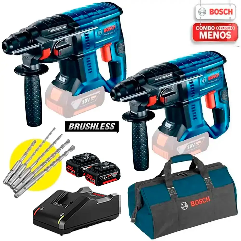 Martelete SDS Plus 18V BRUSHLESS 2,3KG GBH 180-LI Kit 2 Peças c/ Kit Brocas, 2 Baterias Bolsa BOSCH Bivolt — fotografia de referência