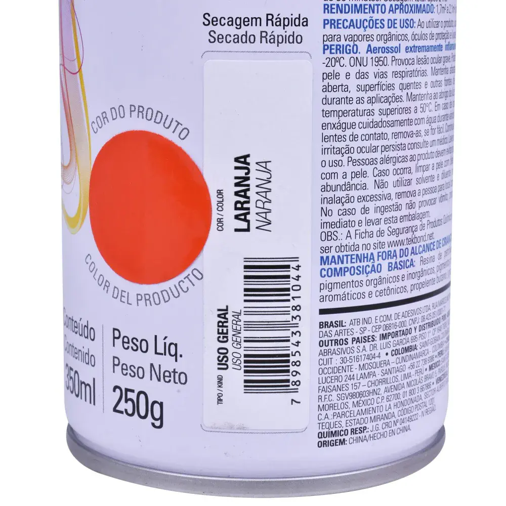 Tinta spray uso geral laranja 350ML Tekbond — fotografia 4