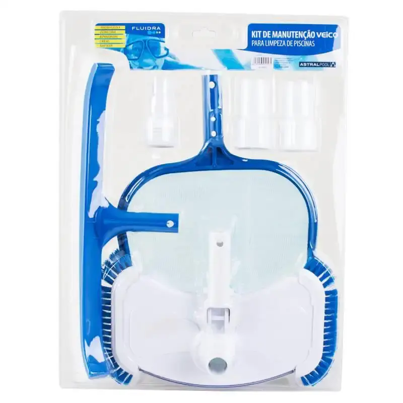 Kit limpeza para piscina com aspirador oval. escova curta e peneira Fluidra — fotografia de referência