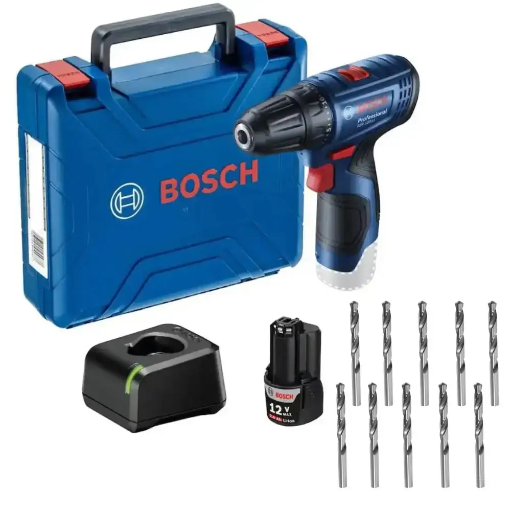 Kit furadeira parafusadeira GSR 120-LI 12V Bosch e jogo 10 brocas aço rápido MTX — fotografia de referência