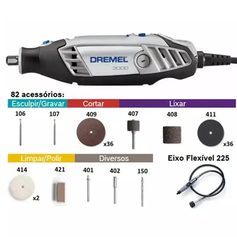 Retífica Dremel 3000 com eixo flexível, 82 acessórios e suporte 2222 Dremel 110 V — fotografia 7