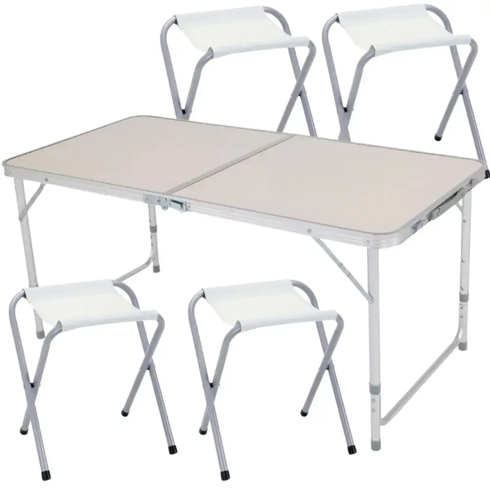 Mesa dobrável portátil alumínio e MDF tipo maleta 120X60 CM com 4 banquetas avulsas Zelt — fotografia de referência