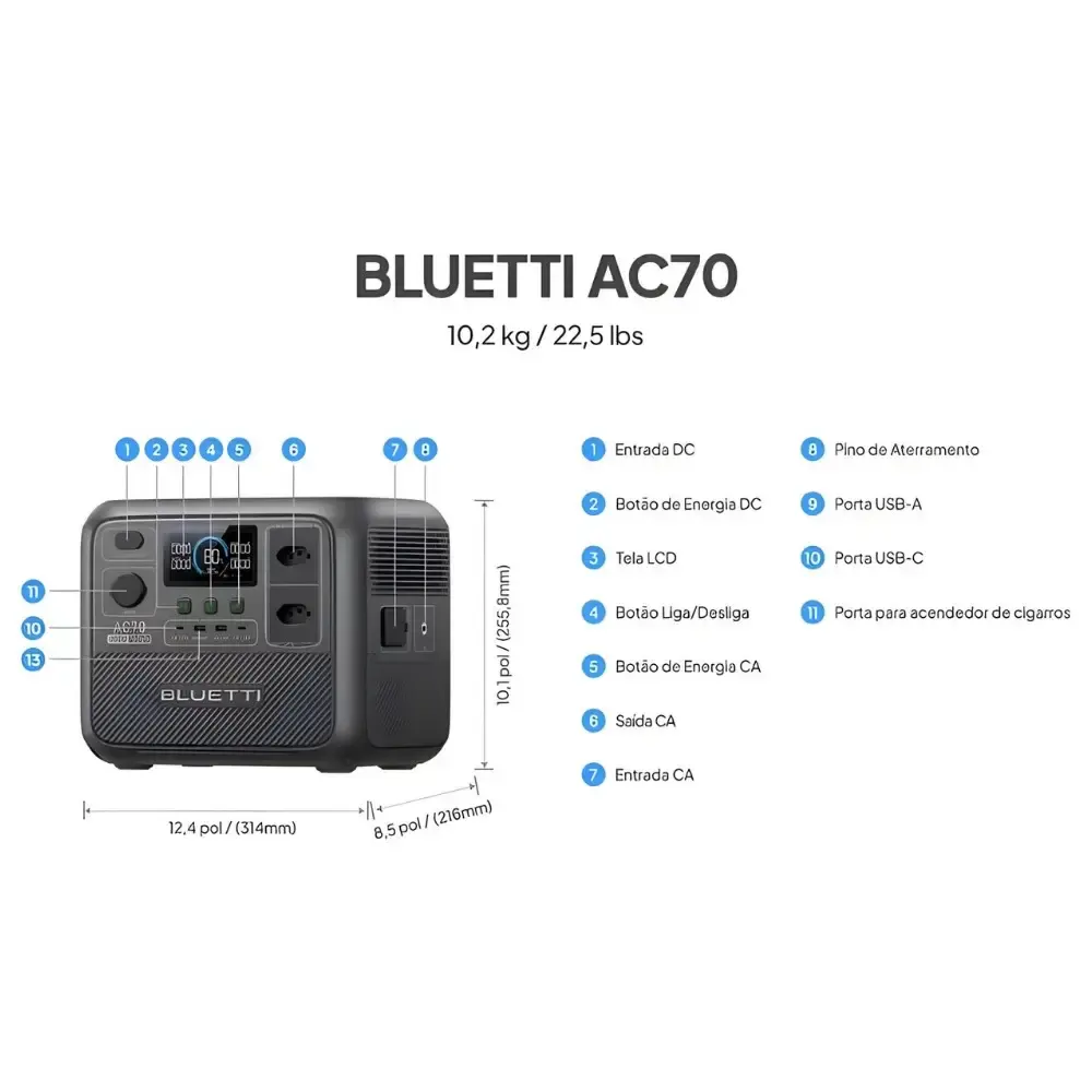 Estação de armazenamento de energia portátil 1000W 768WH AC70 110V Bluetti — fotografia 6