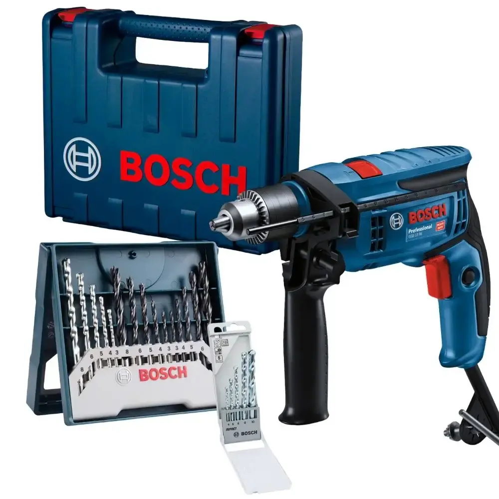Furadeira de impacto 1/2 POL 750W com maleta kit 5 brocas e estojo 15 peças Bosch 110 V — fotografia de referência